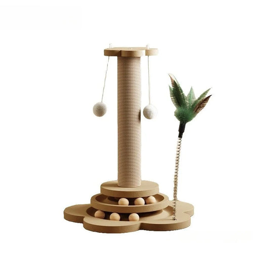 Griffoir pour chat en bois massif – plateau tournant en sisal avec balles
